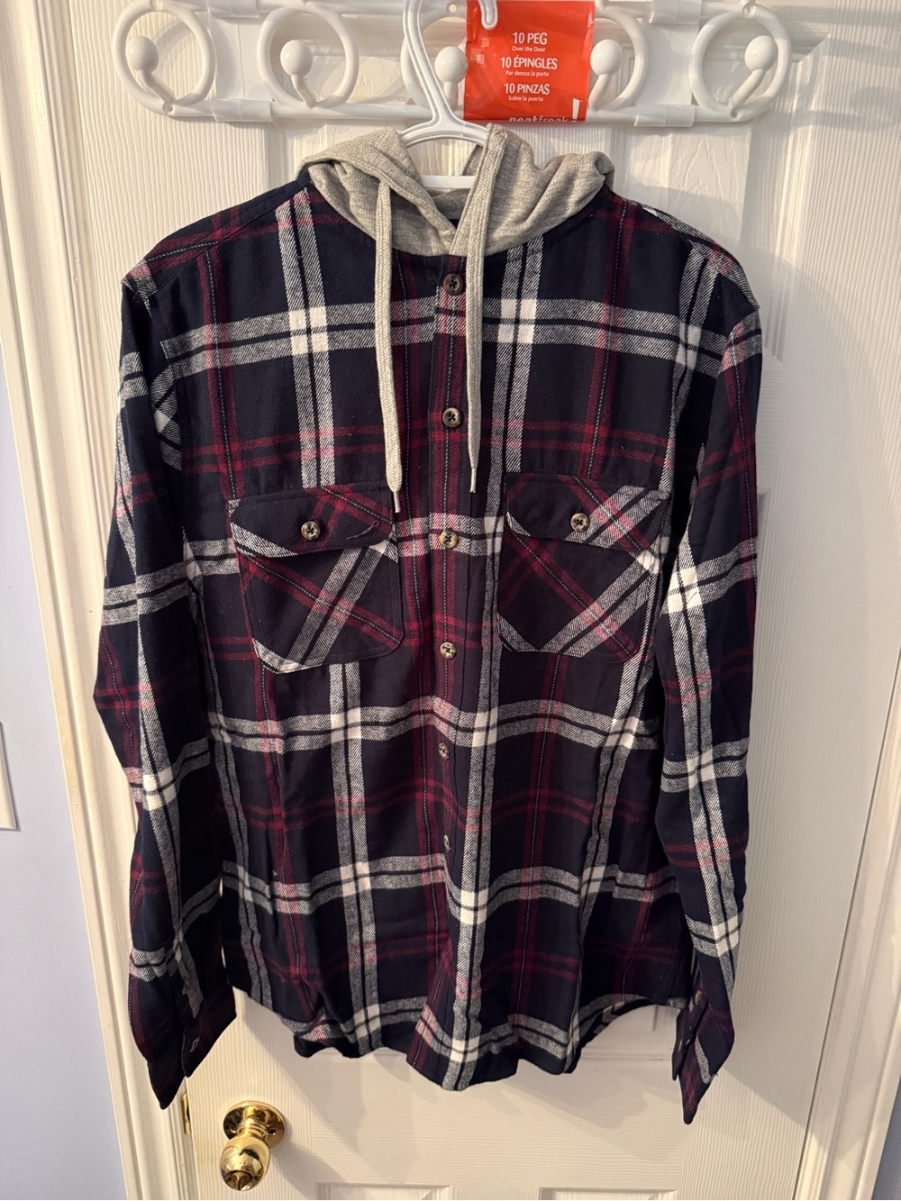 Aeropostale Navy, Burgundy and White Plaid Hooded Flannel Shirt